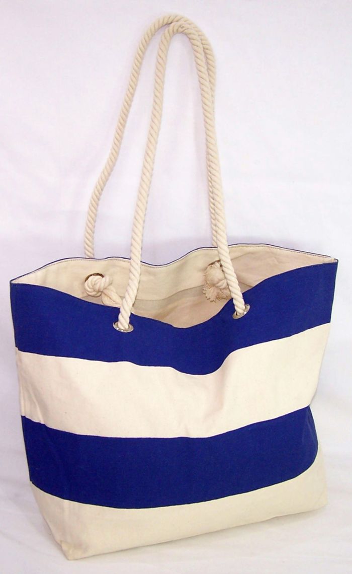 Strandtasche blau weiß marine Segeltuch mit Kordelgriffe 100